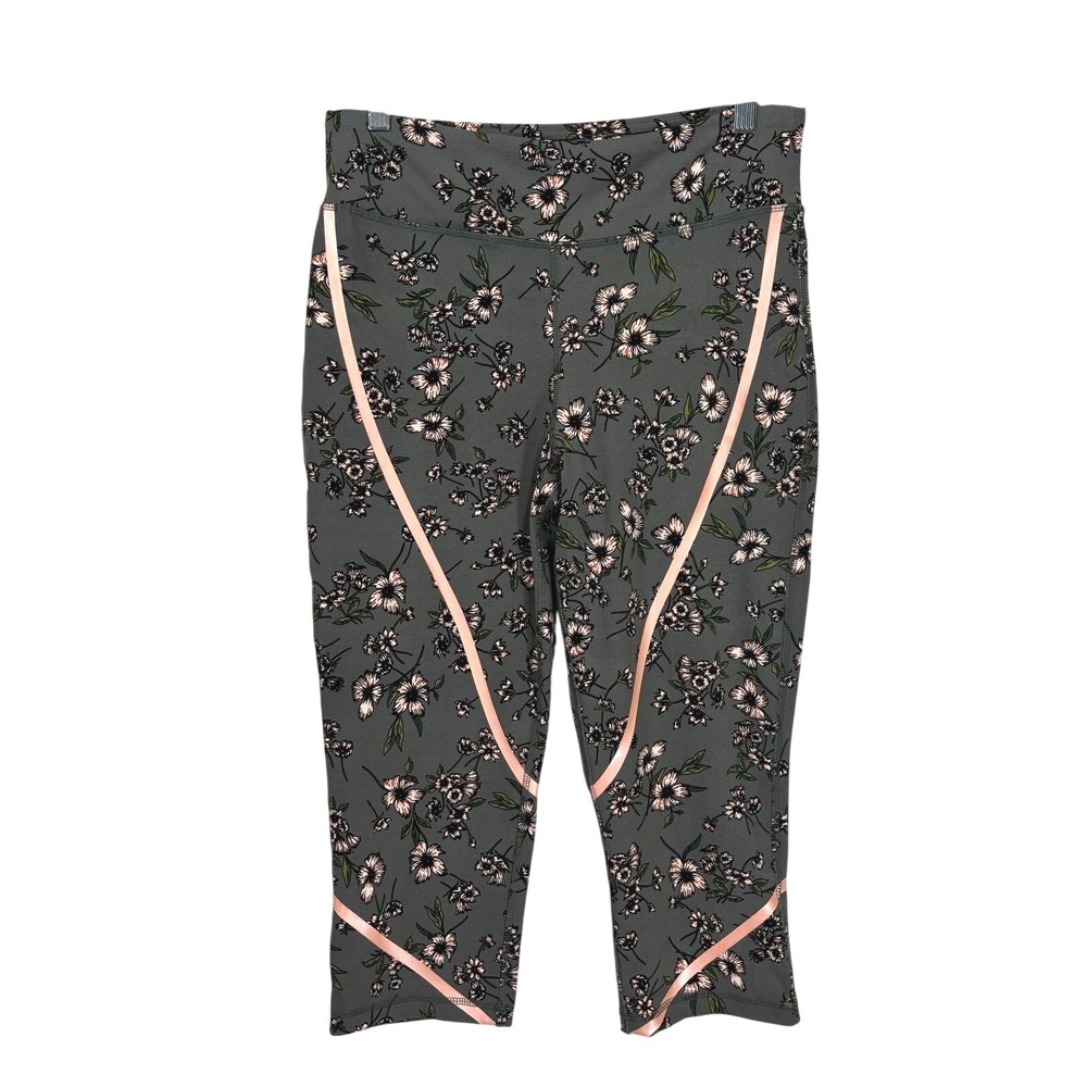 ASKYA Capri Leggings MEDIUM Gray Floral Athletic Casual High Waist Stretch Gym